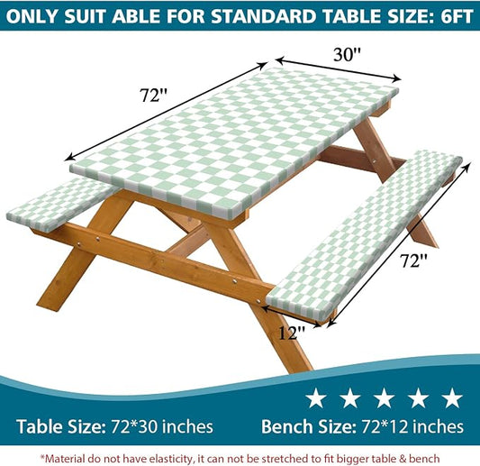 Picnic Table Cover with Bench Covers and Bag, Sage Green and White Checkered Buffalo Plaid Camping Tablecloth Waterproof Elastic Edges Fitted Gingham Tablecloth for Outdoor Garden 3PCS 30x72 Inch