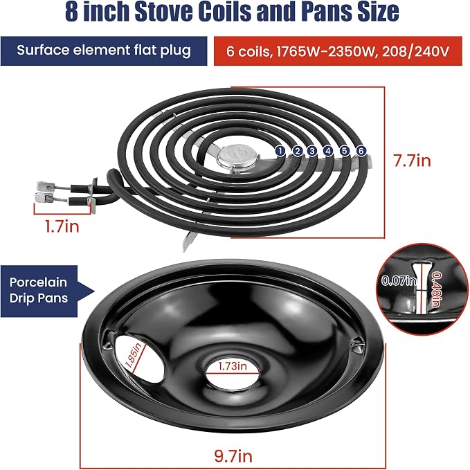 Electric Stove Burners and Porcelain Drip Pans Set Compatible with G-E Hot-point Stoves, Includes WB31M20 WB31M19 Black Stove Drip Pans & WB30M1 WB30M2 Electric Range Burner Elements by Fetechmate