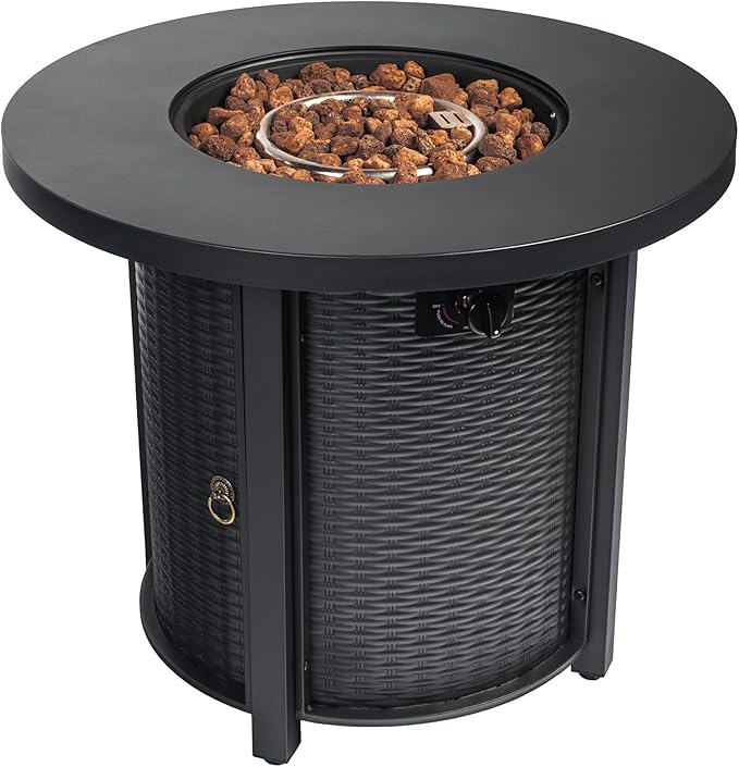 KEIKI 30 Inch Round Propane Fire Pit Table, Circular Outdoor Gas Firepit for Patio Balcony, 50000 BTU Steel Heater with Lava Rocks and Lid