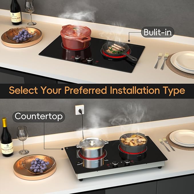 2 Burner Electric Cooktop 24 Inch, 120V Electric Stove Top with Countertop & Built-in Design, 1800W Knob Control Radiant Ceramic Cooktop with Safety Lock, 9 Level Power, 99 Min Timer - Plug in