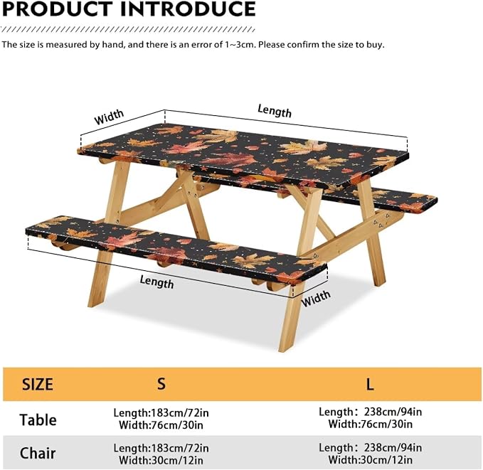Classic Maple Leaf Elastic Fitted Table Cloth for Camping Party Supplies 3 PCS Set Thanksgiving Outdoor Picnic Table Cover with Bench Covers