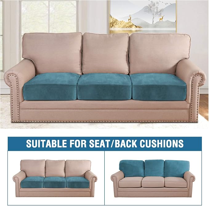 H.VERSAILTEX Velvet Stretch Couch Cushion Cover Plush Cushion Slipcover for Chair Loveseat Sofa Cushion Furniture Protector Seat Cushion Sofa Cover (3 Piece Sofa Cushion Covers, Peacock Blue)