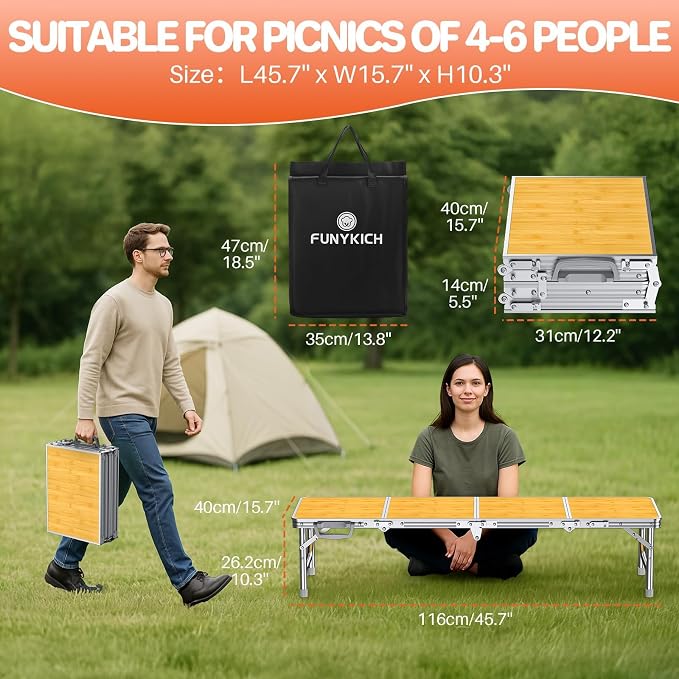 FUNYKICH 4ft Low Folding Picnic Table(45.7''x15.7''x10.3''), Thicker Aluminum Legs Beach Table with Handle & Carry Bag, Lightweight Small Camping Table for Picnic Beach Camping Party, Yellow
