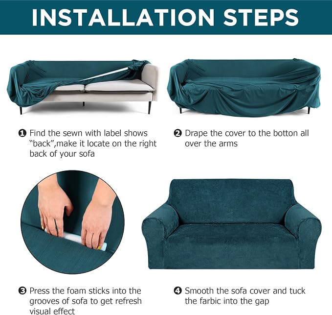 Peryiter 3 Pcs Couch and Loveseat Sofa Covers,Deep Teal,Velvet | Armchair Covers for Living Room, Sofa Cushion Slipcover, Furniture Protector, Polyester and Spandex, Washable