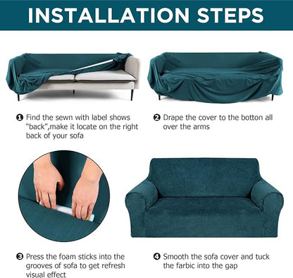 Peryiter 3 Pcs Couch and Loveseat Sofa Covers,Deep Teal,Velvet | Armchair Covers for Living Room, Sofa Cushion Slipcover, Furniture Protector, Polyester and Spandex, Washable