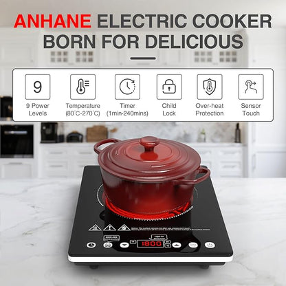 ANHANE 1800W Electric Cooktop, 110V Single Burner Stove with Overheat Protection and Adjustable Power Levels - Portable Ceramic Stove for Kitchen, Travel, RV