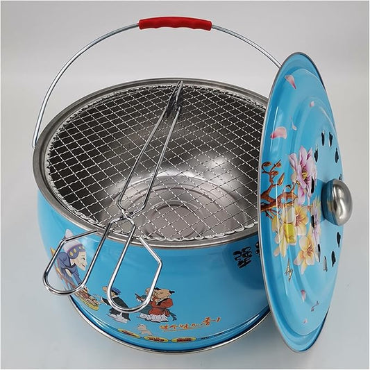 Grill for Outdoor 12.2-inch Round Shape Charcoal Grill Brazier with Handle and Vibrant Color Pattern Outdoor Camping Courtyard Picnic Roast Meat Home BBQ Charcoal Oven Barbecue Grill ( Color : Blue )