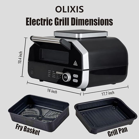 OLIXIS Electric Grill Outdoor/Indoor, 8-in-1 Multifunctional Large Electric BBQ Grill for Air Fry, Bake, Roast, Steak, Broil and Dehydrate, Safe Non-Stick Coating, Fry Basket Included