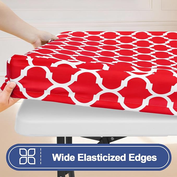 Smiry 2 Pack Rectangle Table Cloth 6 Foot, Waterproof Elastic Fitted Tablecloths, Windproof Washable Polyester Table Cover for Picnic, Camping, Outdoor (Red, 30"x72")