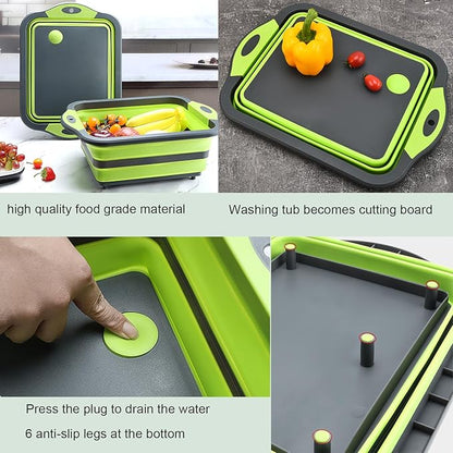 Camping Collapsible Cutting Board Dish Basin BBQ Prep Tub Camp Sink Dish Washing Station Multifunctional Storage Basket(Grey green)