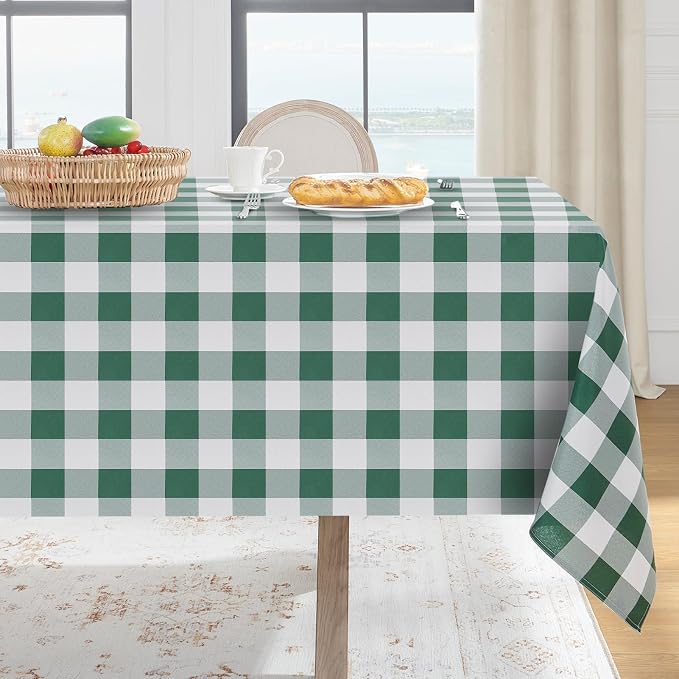 Softalker Spring Checkered Tablecloth Rectangle - Outdoor Waterproof Buffalo Plaid Table Cloth, Stain Resistant Gingham Table Cover for Picnic, Camping, Easter - Hunter Green and White, 54 x 78 Inch