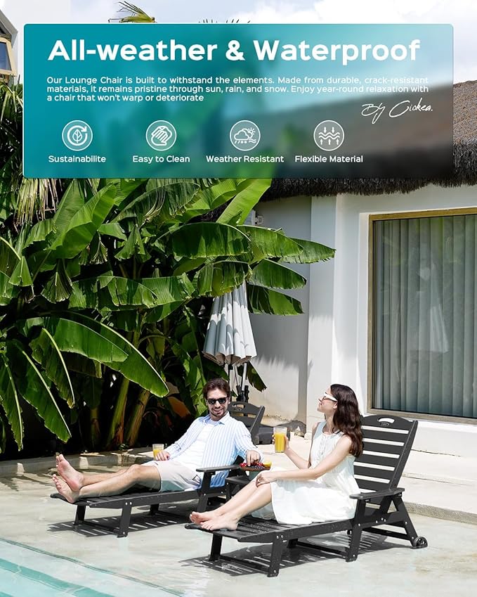 Ciokea Outdoor Chaise Lounge Chair Set of 2, Patio Lounge Chairs for Outside, HDPE Lounge Chairs with Wheels & Cup Holder, Poly Lounge Chair with 5 Position for Poolside, Deck, Black