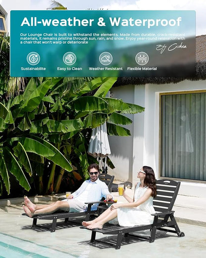 Ciokea Outdoor Chaise Lounge Chair Set of 2, Patio Lounge Chairs for Outside, HDPE Lounge Chairs with Wheels & Cup Holder, Poly Lounge Chair with 5 Position for Poolside, Deck, Black