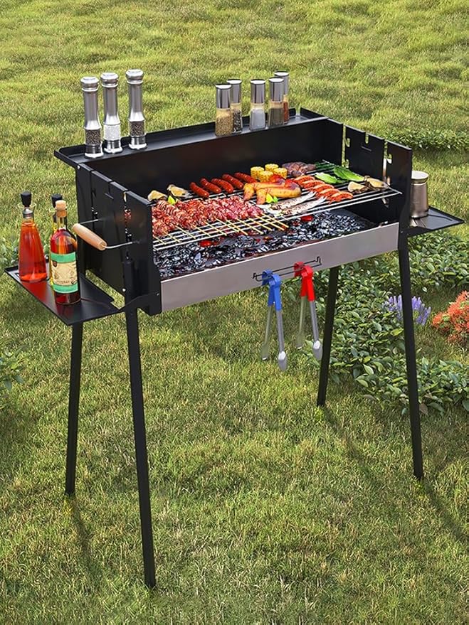 Foldable Large Charcoal Barbecue, Heavy Duty Portable Outdoor Barbecue with Adjustable Vents & Side Shelves, Camping Cooker for Patio, Backyard, Picnic, Tailgating, 5-16 People Use Black