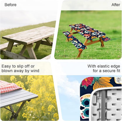 ANNA QUEEN Day of The Dead Sugar Skull 6FT Picnic Table Cover, 72"x30" 3PCS Bench and Table Cover Set, Waterproof Halloween Camping Outdoor Decor
