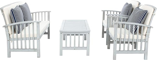 SAFAVIEH Outdoor Collection Rocklin Grey / Beige Cushions/ Stripe Pillows 4-Piece Conversation Patio Set