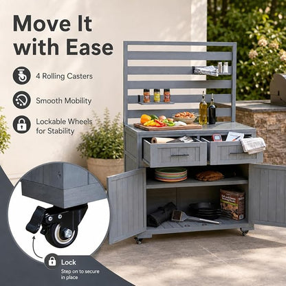 Outdoor Kitchen Island Cart with Stainless Steel Top, Grill Prep Table | Solid fir wood frame, stainless steel top, 64.9 in height, 3 movable shelves, lockable wheels, 110 lb top, BBQ and garden use