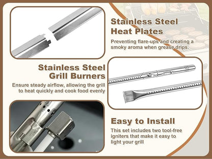BBQ-PLUS Grill Replacement for Charbroil Performance 2-Burner 463630021 463654022 463655621 463660421, 17" Cast Iron Cooking Grates, Stainless Steel Heat Plates, Burner Tubes & Igniters Parts Kit