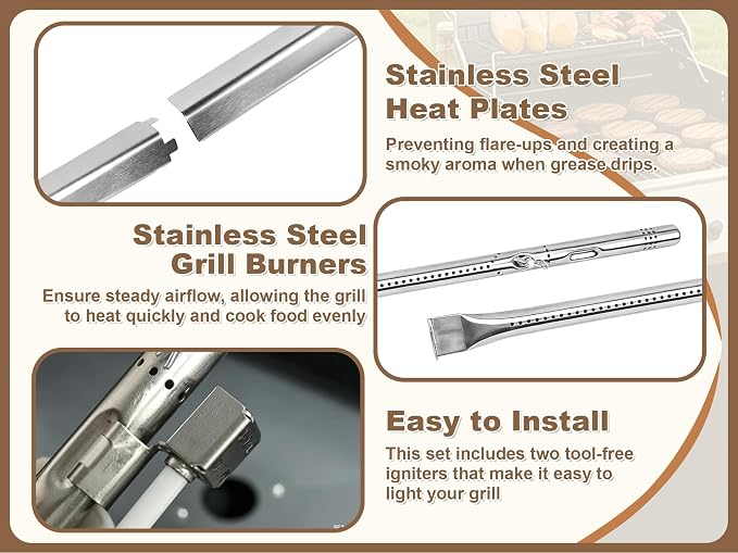 Grill Replacement for Charbroil Performance 4-Burner Gas Grills 463344523 463352521 463354021 463365021, 17" Cast Iron Cooking Grates, Stainless Steel Heat Plates, Burner Tubes & Igniters Parts Kit