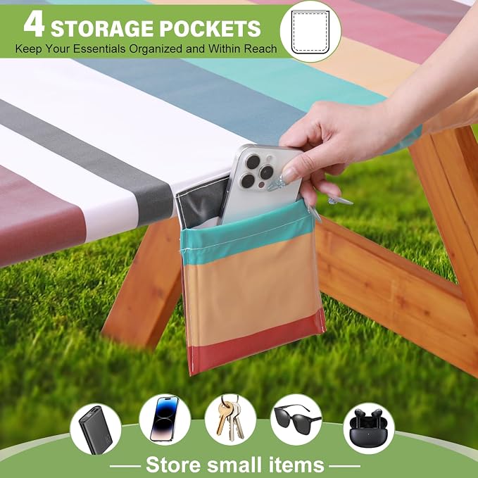 Fitted Picnic Table Cover with Bench Covers Waterproof Elastic Edges Rectangle Patio Tablecloth Outdoor Camping Essentials Stuff Rv Accessories Summer Trip Travel Supplies Party Camper Gifts, 8 ft