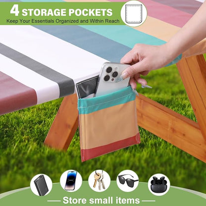 Fitted Picnic Table Cover with Bench Covers Waterproof Elastic Edges Rectangle Patio Tablecloth Outdoor Camping Essentials Stuff Rv Accessories Summer Trip Travel Supplies Party Camper Gifts, 8 ft