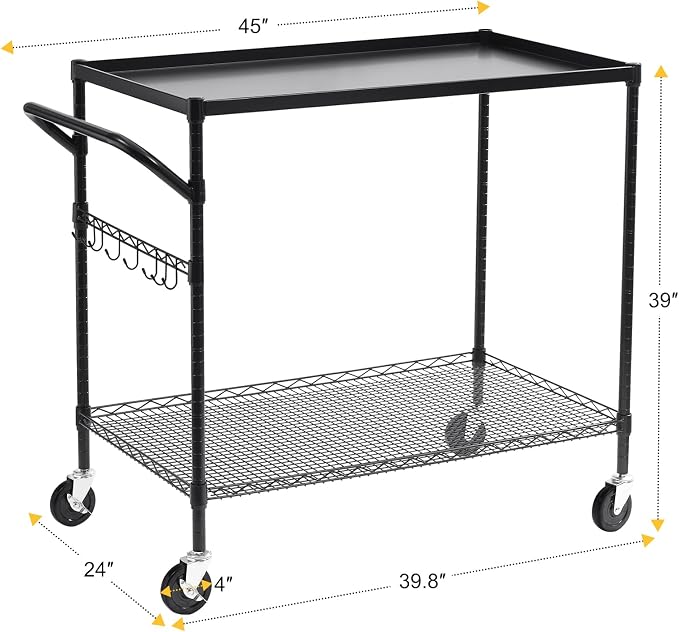 2-Tier Utility Cart with Wheels, Metal Cart with 1000LBS Capacity, NSF Heavy Duty Rolling Cart, Commercial Grade Serving Tool Storage Carts for Warehouse Garage Kitchen, 24"D x 40"W x 39"H, Black