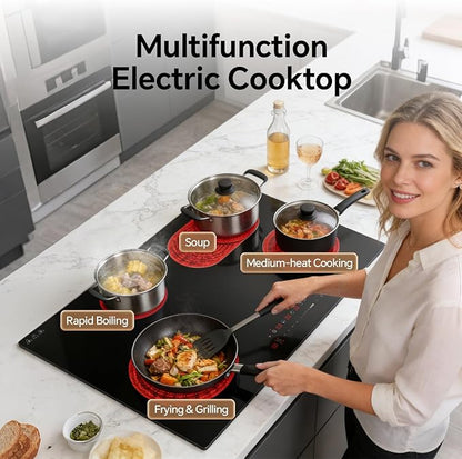 Ranein 30 Inch 4 Burner Electric Cooktop, Max 7900W 240V Ceramic Panel Built-in Electric Stove Top, with Child Safety Lock, Timer, Over-Temperature Protection