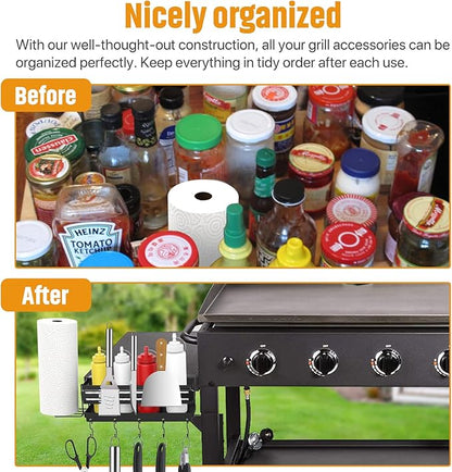 3-in-1 Stainless Steel Griddle Caddy with Magnetic BBQ Utensil Strip and Paper Towel Holder for 28"/36" Blackstone Griddles,Space Saving BBQ Accessories Storage Box,Easy install&Free from Drill