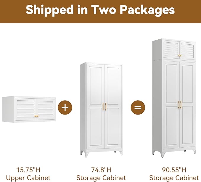 Polup 90" Tall Metal Storage Cabinet with Doors and Shelves, Heavy Duty Steel Kitchen Pantry Cabinet, Freestanding White Storage Cabinet for Garage, Laundry Room, Office, Dining Living Room