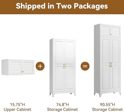 Polup 90" Tall Metal Storage Cabinet with Doors and Shelves, Heavy Duty Steel Kitchen Pantry Cabinet, Freestanding White Storage Cabinet for Garage, Laundry Room, Office, Dining Living Room