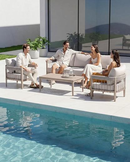 4-Piece Patio Furniture Set, Never-Rust Aluminum Patio Conversation Set, Outdoor Sofa Set with Faux Wood Grain Finish, Rope Weave Patio Sofa Set with Coffee Table for Backyard, Poolside, Deck