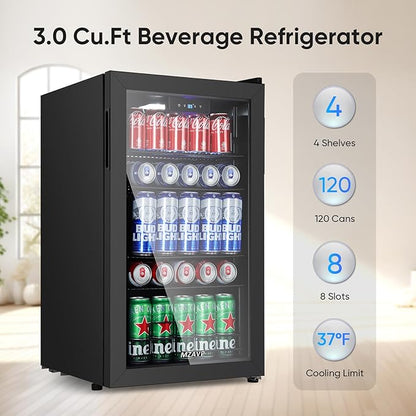 Beverage Refrigerator Cooler, 120 Can Mini Fridge with Digital Temperature Display for Soda Beer, 3 Cu.Ft Drink Fridge with White Indicator Light & Reversible Door - Black