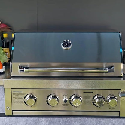 Stainless Steel Modular Outdoor Kitchen Units | Weatherproof Kitchen Island with 4-Burner, BBQ Grill, Fridge, Sink, Cooktop, Bar Counter & Canopy, Ideal for Outdoor Living