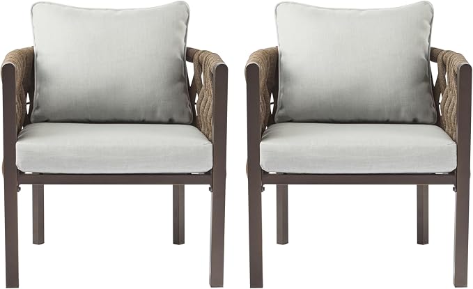 Christopher Knight Home Lena Patio Club Chairs Set of 2, Metal Accent Chairs, Rope Woven Backrest Armchair, Upholstered Cushions Seating, Tub Back Design for Backyard Garden, Brown+Light Gray