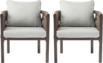 Christopher Knight Home Lena Patio Club Chairs Set of 2, Metal Accent Chairs, Rope Woven Backrest Armchair, Upholstered Cushions Seating, Tub Back Design for Backyard Garden, Brown+Light Gray