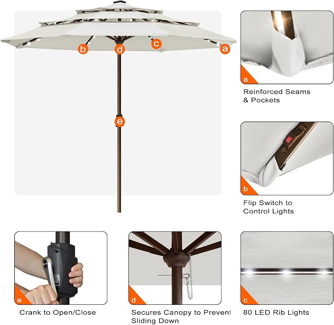 EliteShade USA 10-Year-Non-Fading 10ft 3-Tier Market Patio Umbrella, Commercial Table Umbrella with 80 Solar LED Lights, Crank Open, Windproof & UPF 50+ UV Protection for Garden, Deck, Pool, Backyard, No Tilt, White