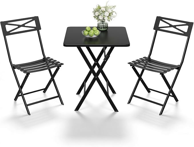 Garvee 3PCS Bistro Set, Outdoor/Indoor Folding Patio Furniture Set, Black | Fold flat lightweight design for easy storage & portable picnics. Rustproof UV metal frame stays. Reinforced X-brace stable