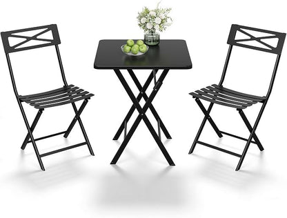 Garvee 3PCS Bistro Set, Outdoor/Indoor Folding Patio Furniture Set, Black | Fold flat lightweight design for easy storage & portable picnics. Rustproof UV metal frame stays. Reinforced X-brace stable