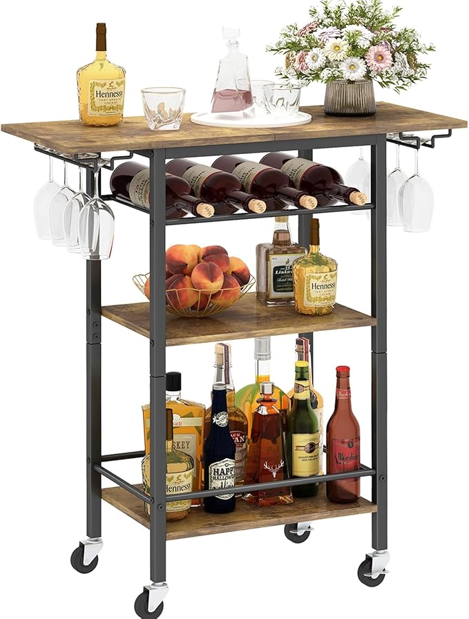 LAATOOREE Bar Cart, Home Bar Serving Cart, 3 Tier Mobile Drink Beverage Cart, Rolling Kitchen Shelf with Wine and Glass Holders, for Dinning Room, Living Room, Kitchen