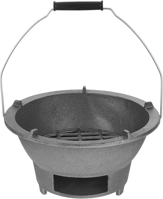Cast Iron Charcoal Grill Stove Portable Outdoor Camping Burner with Handle and Inner Grill Rack Large round Charcoal Heating Stove for Backyard Barbecue