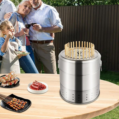 Portable Charcoal Grill, Stainless Steel BBQ Barrel Grill with Grilling Accessories Set, 360° Surround Cooking for Hanging Kebabs, Ideal for Outdoor Camping, Parties & Picnics (28 Skewers)