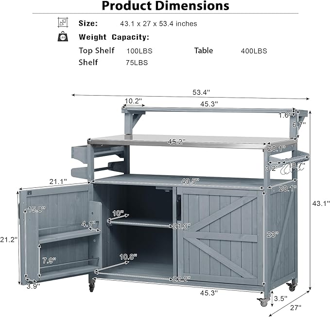 53.3" Outdoor Kitchen Island with Raised Shelf, Solid Wood Rolling Grill Cart with Stainless Steel Top, Storage Cabinet with Internal Racks, Adjustable Shelves & Spice Rack