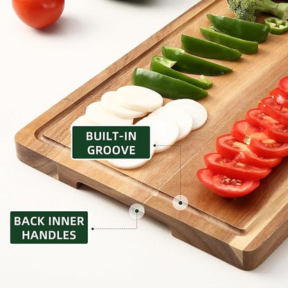 XL Cutting Board, 18x12 Large Acacia Wooden Cutting Board for Kitchen, Edge Grain Wood Chopping Board with Juice Groove and Handles, Pre-Oiled Carving Tray for Meat & Cheese