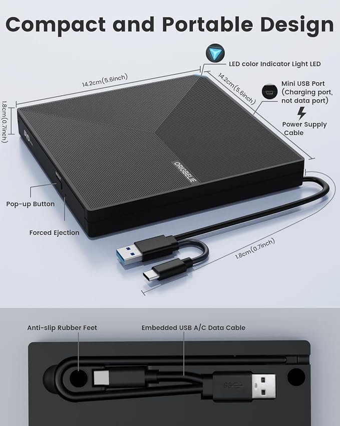 ORIGBELIE External CD DVD Drive, Portable USB C & A USB 3.0 DVD +/-RW Player Burner Reader Writer Optical CD ROM Disc Drive for MacBook Laptop iMac Desktop PC Windows 11/10/8/7/XP Linux Mac OS
