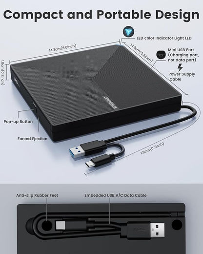 ORIGBELIE External CD DVD Drive, Portable USB C & A USB 3.0 DVD +/-RW Player Burner Reader Writer Optical CD ROM Disc Drive for MacBook Laptop iMac Desktop PC Windows 11/10/8/7/XP Linux Mac OS