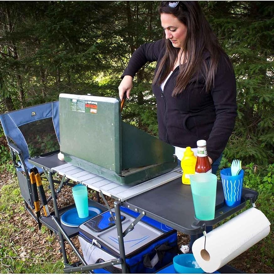GCI OUTDOOR Slim-Fold Cook Station | Portable Folding Kitchen Table with a Heat Resistant Tabletop, 4 Side Tables & Storage Rack, Perfect for Picnics & Camping Trips