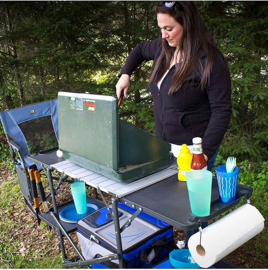 GCI OUTDOOR Slim-Fold Cook Station | Portable Folding Kitchen Table with a Heat Resistant Tabletop, 4 Side Tables & Storage Rack, Perfect for Picnics & Camping Trips