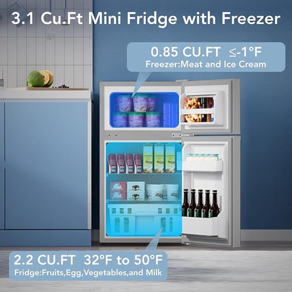 Electactic Mini Fridge with Freezer, 3.2 Cu.Ft Compact Refrigerator with 2 Doors, Small Fridge with Adjustable Thermostat & Removable Glass Shelves for Bedroom, Office, Dorm, or Apartment, Grey