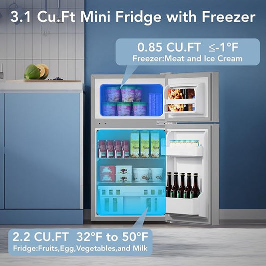 Electactic Mini Fridge with Freezer, 3.2 Cu.Ft Compact Refrigerator with 2 Doors, Small Fridge with Adjustable Thermostat & Removable Glass Shelves for Bedroom, Office, Dorm, or Apartment, Grey