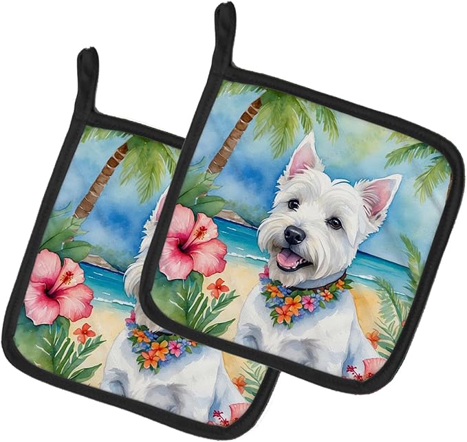 Caroline's Treasures Westie Luau Pair of Pot Holders Kitchen Heat Resistant Pot Holders Sets Oven Hot Pads for Cooking Baking BBQ, 7 1/2 x 7 1/2